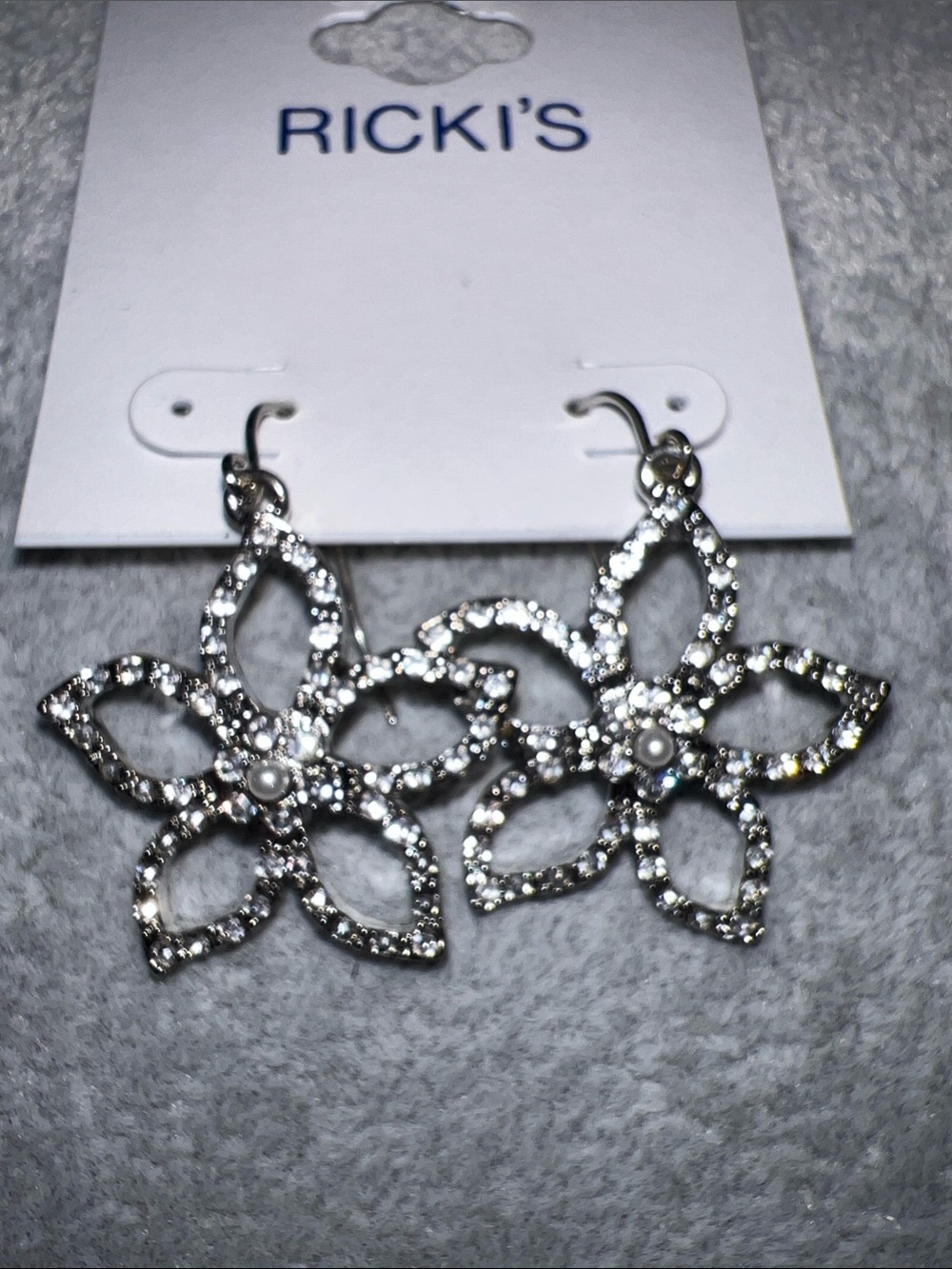 RICKI'S Silver Floral Crystal Drop Earrings with Pearl Accent